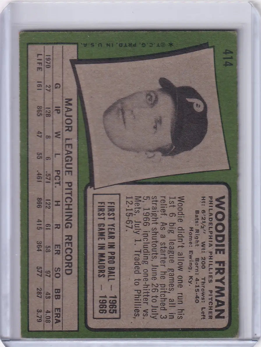 1971 Topps Baseball card of Woodie Fryman with Philadelphia Phillies stats on green background