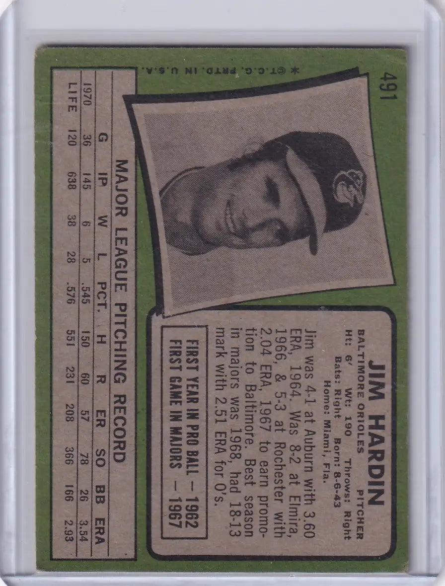 Baseball card of Jim Hardin, 1971 Topps Baseball, Baltimore Orioles player portrait