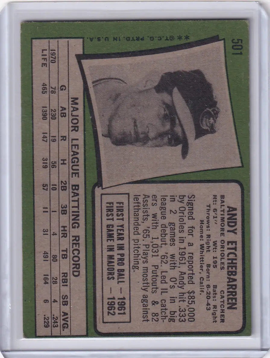 Baseball card of Andy Etchebarren, Baltimore Orioles from 1971 Topps Baseball