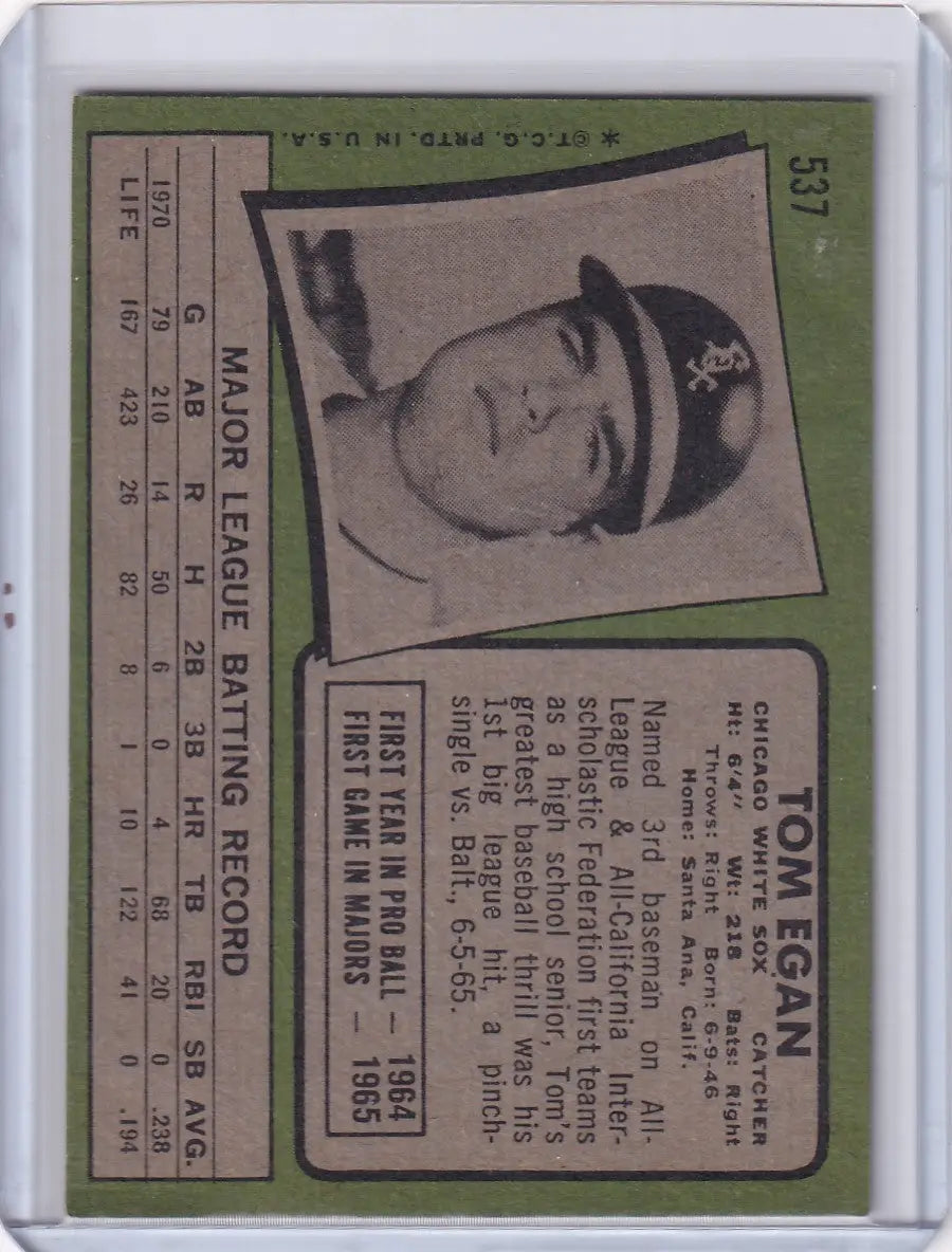 Vintage 1971 Topps Baseball card of Tom Egan featuring Chicago White Sox player photo