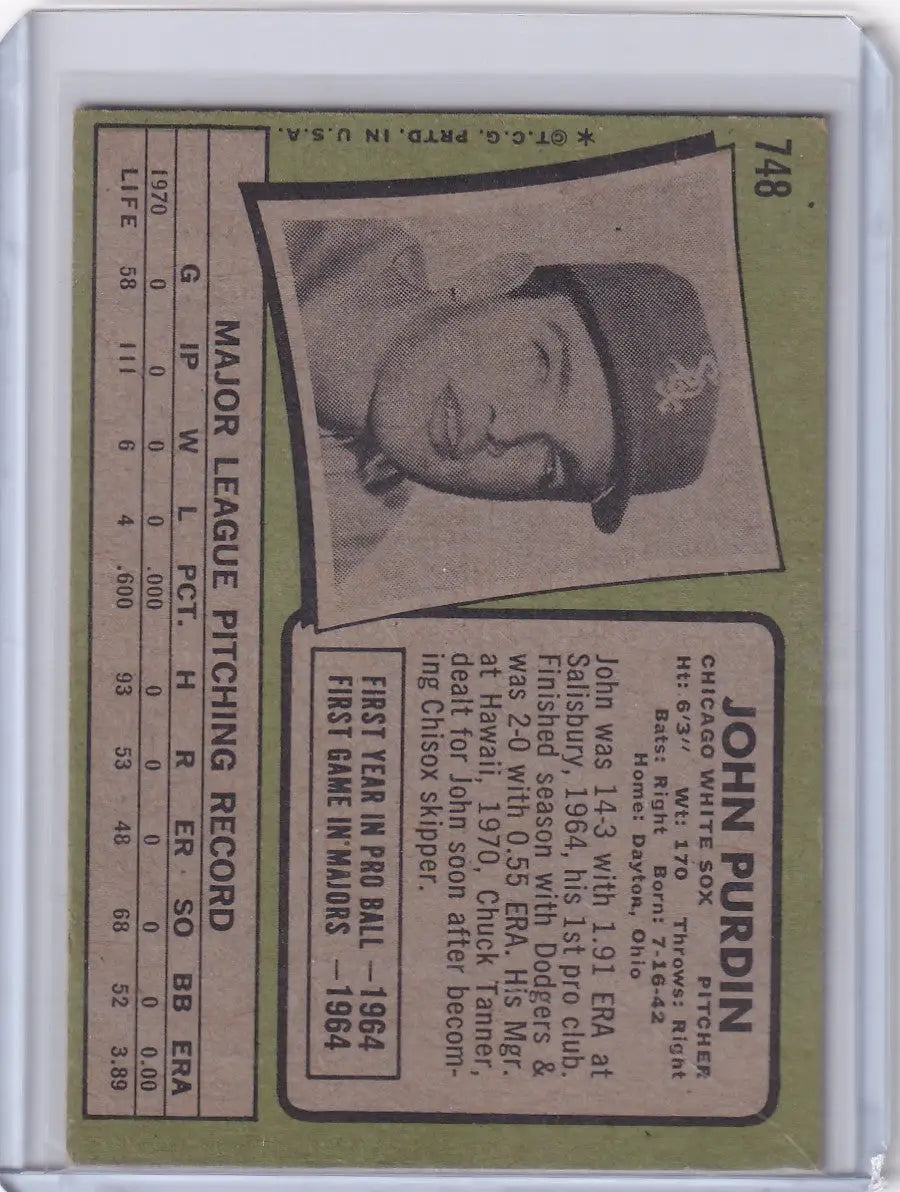 Vintage 1971 Topps Baseball #748 John Purdin card in a protective case, Chicago White Sox