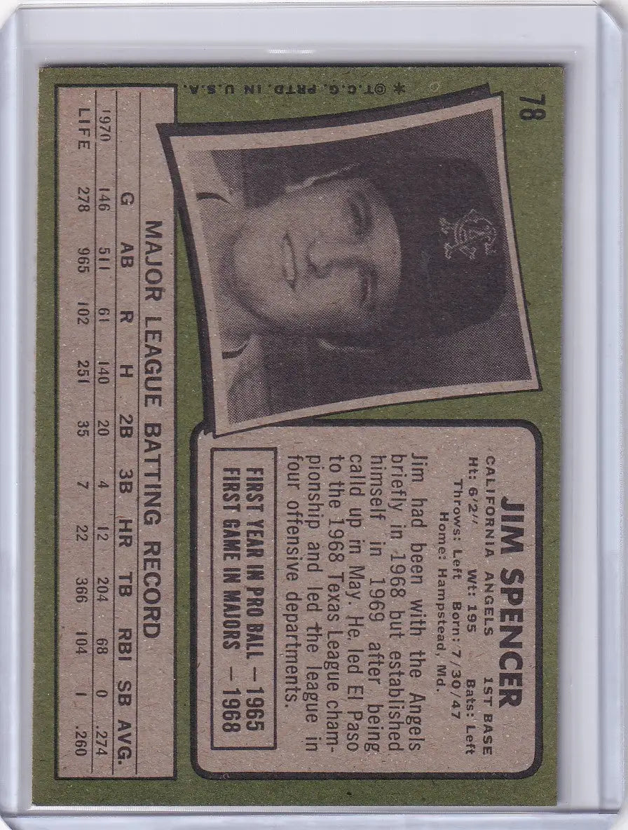 1971 Topps Baseball #78 Jim Spencer card featuring California Angels player statistics