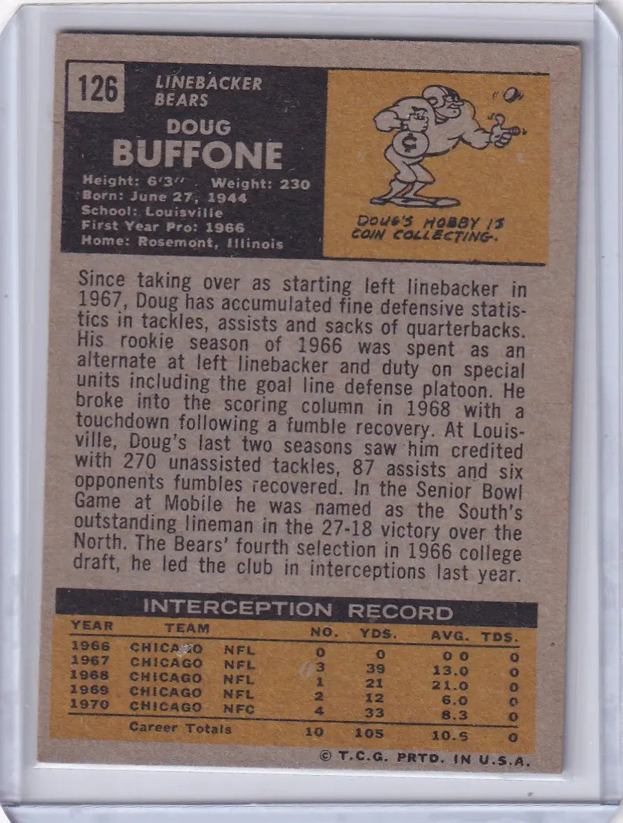 Vintage Topps Football trading card of Doug Buffone, Chicago Bears player from 1971