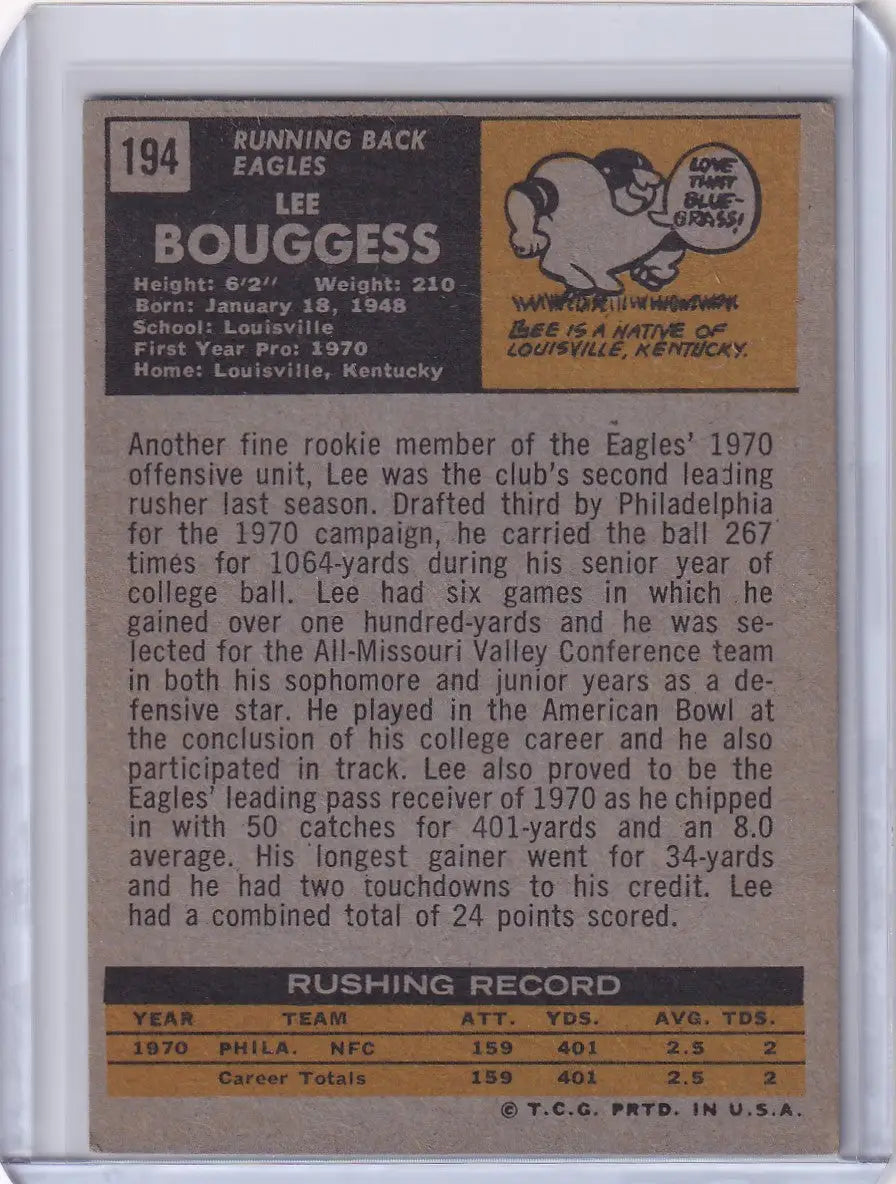 1971 Topps Football card of Lee Bouggess, running back for Philadelphia Eagles