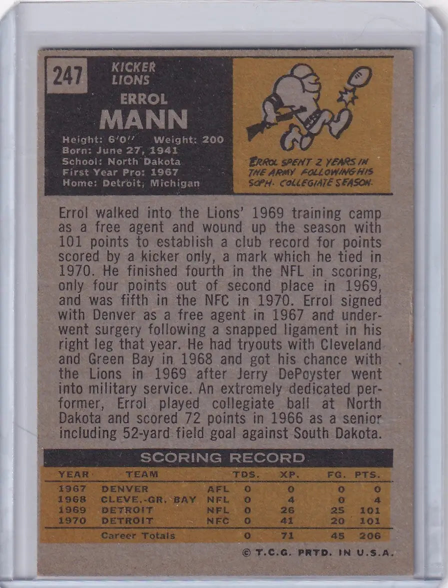 Vintage Topps Football trading card of Errol Mann, Detroit Lions with stats and bio