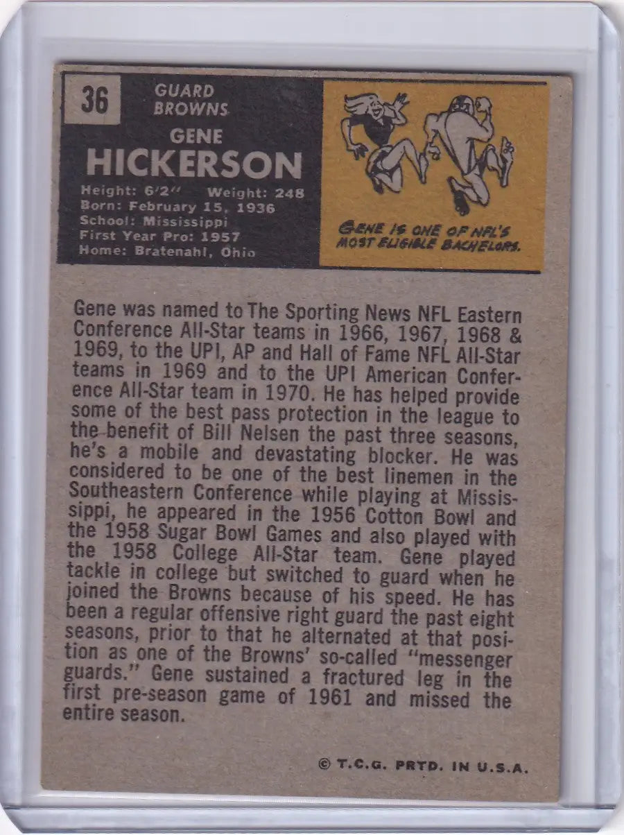 Vintage Topps Football card featuring Gene Hickerson of the Cleveland Browns