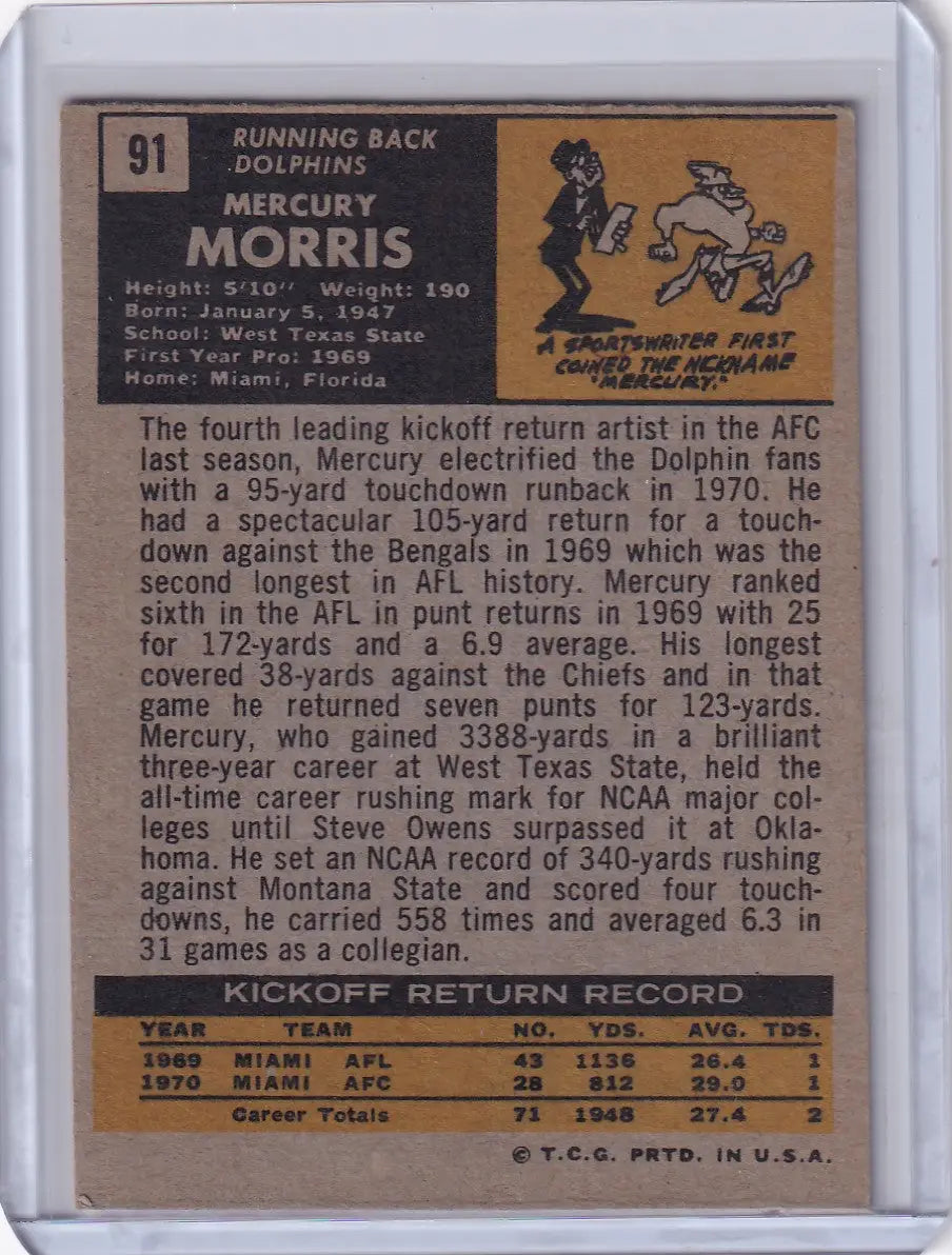 Vintage Topps Football card of Mercury Morris, Miami Dolphins RC, 1971