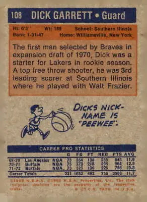 Vintage 1972-73 Topps #108 Dick Garrett EX-MT sports trading card for collectors