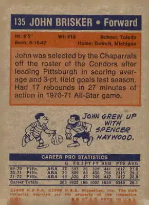 Vintage John Brisker basketball card from 1972-73 Topps #135 featuring Brisker basketball card