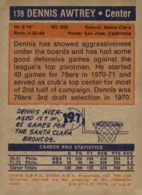 Vintage basketball card back featuring Dennis Awtrey from 1972-73 Topps sports trading card