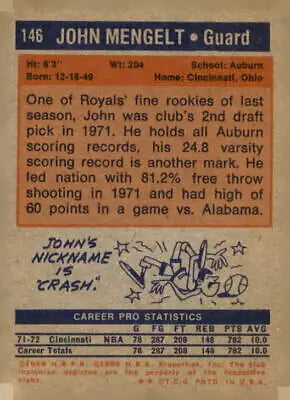 Vintage basketball card of John Mengelt from KC-Omaha Kings 1972-73 Topps #146