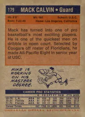 Vintage basketball card featuring Mack Calvin from 1972-73 Topps sports trading card collection