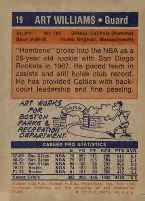 Vintage trading card of Art Williams with Boston Celtics from 1972-73 Topps series