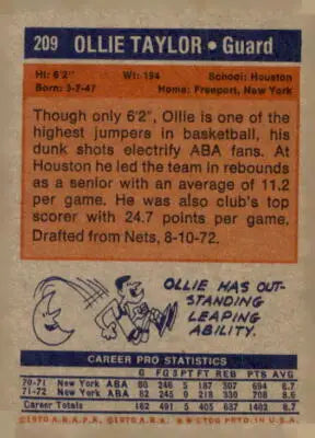 Vintage basketball sports trading card featuring Ollie Taylor from 1972-73 Topps