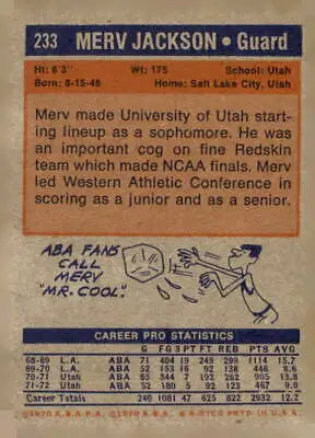 Vintage Merv Jackson basketball trading card from 1972-73 Topps #233 in EX-MT condition