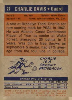 Vintage basketball card of Charlie Davis from the Cleveland Cavaliers 1972-73 Topps series