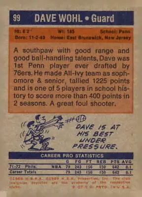 1972-73 Topps Dave Wohl basketball trading card back detailed view