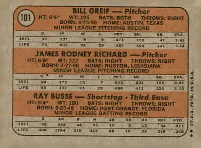 Back of 1972 Topps #101 Astros Rookie Stars trading card featuring Bill Greif, J.R. Richard, Ray Busse