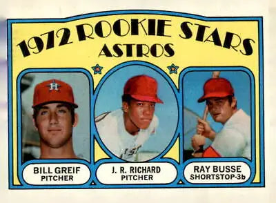 1972 Topps #101 Astros Rookie Stars trading card featuring Bill Greif, J.R. Richard, Ray Busse