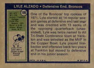 Vintage 1972 Topps Lyle Alzado football card, a collectible Lyle Alzado trading card