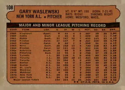 Back of 1972 Topps #108 trading card featuring Gary Waslewski, York Yankees player