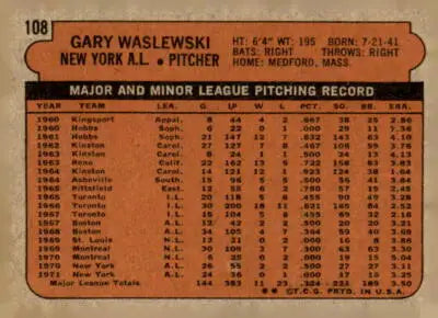 Vintage 1972 Topps #108 Gary Waslewski baseball card back for Waslewski baseball card collection