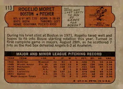 Rogelio Moret baseball card back from 1972 Topps #113 featuring Boston Red Sox stats