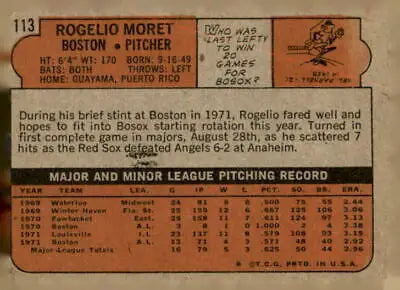 Vintage baseball card back of 1972 Topps #113 Rogelio Moret showcasing player stats