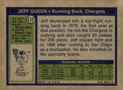 Vintage Jeff Queen football card from the 1972 Topps series, ideal for Jeff Queen trading collections