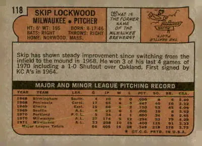 Vintage 1972 Topps #118 Skip Lockwood trading card back detail for collectors