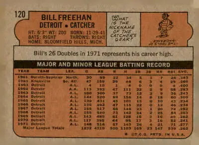 Vintage baseball card back of 1972 Topps #120 Bill Freehan from Detroit Tigers trading cards