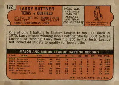 Back of 1972 Topps #122 Larry Biittner baseball card showcasing vintage design details
