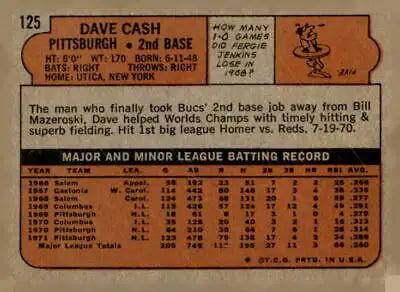Back of 1972 Topps Dave Cash baseball card showing player stats and details