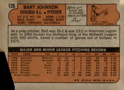 Back of 1972 Topps #126 Bart Johnson sports trading card showing player details