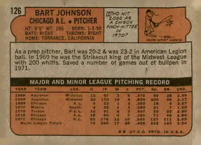Vintage 1972 Topps #126 Bart Johnson Chicago White Sox baseball card back