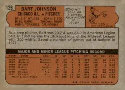 Vintage baseball card back featuring Bart Johnson of the Chicago White Sox from 1972 Topps