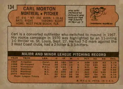 Vintage back of 1972 Topps #134 Carl Morton baseball card showcasing stats and history