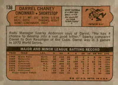 Vintage baseball card back of 1972 Topps #136 Darrel Chaney from Cincinnati Reds