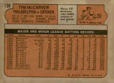 Back of 1972 Topps Tim McCarver baseball card showing player stats and info
