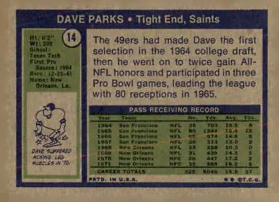 Vintage Dave Parks football card from 1972 Tops #14 for Dave Parks trading and parks trading card collections