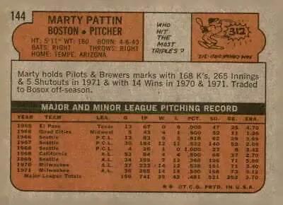 Vintage baseball card back featuring Marty Pattin trading card from 1972 Topps Boston Red Sox