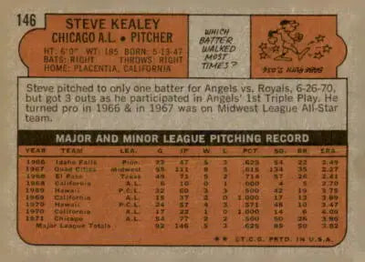 Vintage 1972 Topps Steve Kealey trading card back featuring classic baseball design