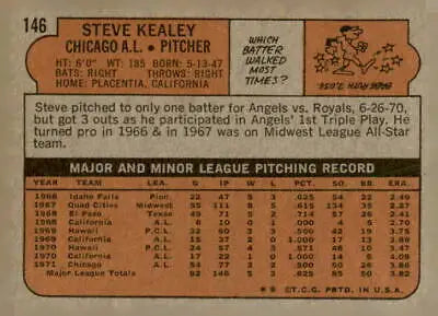 Vintage baseball card back of 1972 Topps Steve Kealey Chicago White Sox player