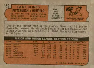 Vintage baseball card back featuring Gene Clines from 1972 Topps #152