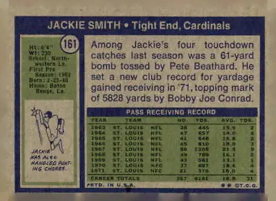 Vintage Jackie Smith football card from 1972 Topps #161, excellent Smith trading card
