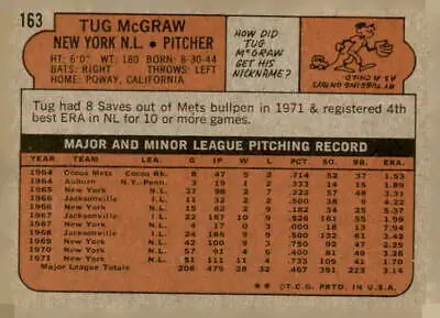 Vintage baseball card of Tug McGraw from the 1972 Topps set featuring the York Mets