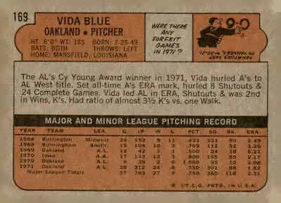 Vintage baseball card back of 1972 Topps #169 Vida Blue from the Oakland Athletics