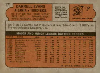Darrell Evans baseball card back from 1972 Topps #171 Atlanta Braves collectible
