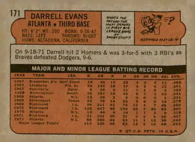 Vintage baseball card back of 1972 Topps Darrell Evans featuring Atlanta Braves trading cards