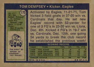 Vintage Tom Dempsey football card from 1972 Topps #175 for sports trading collectors